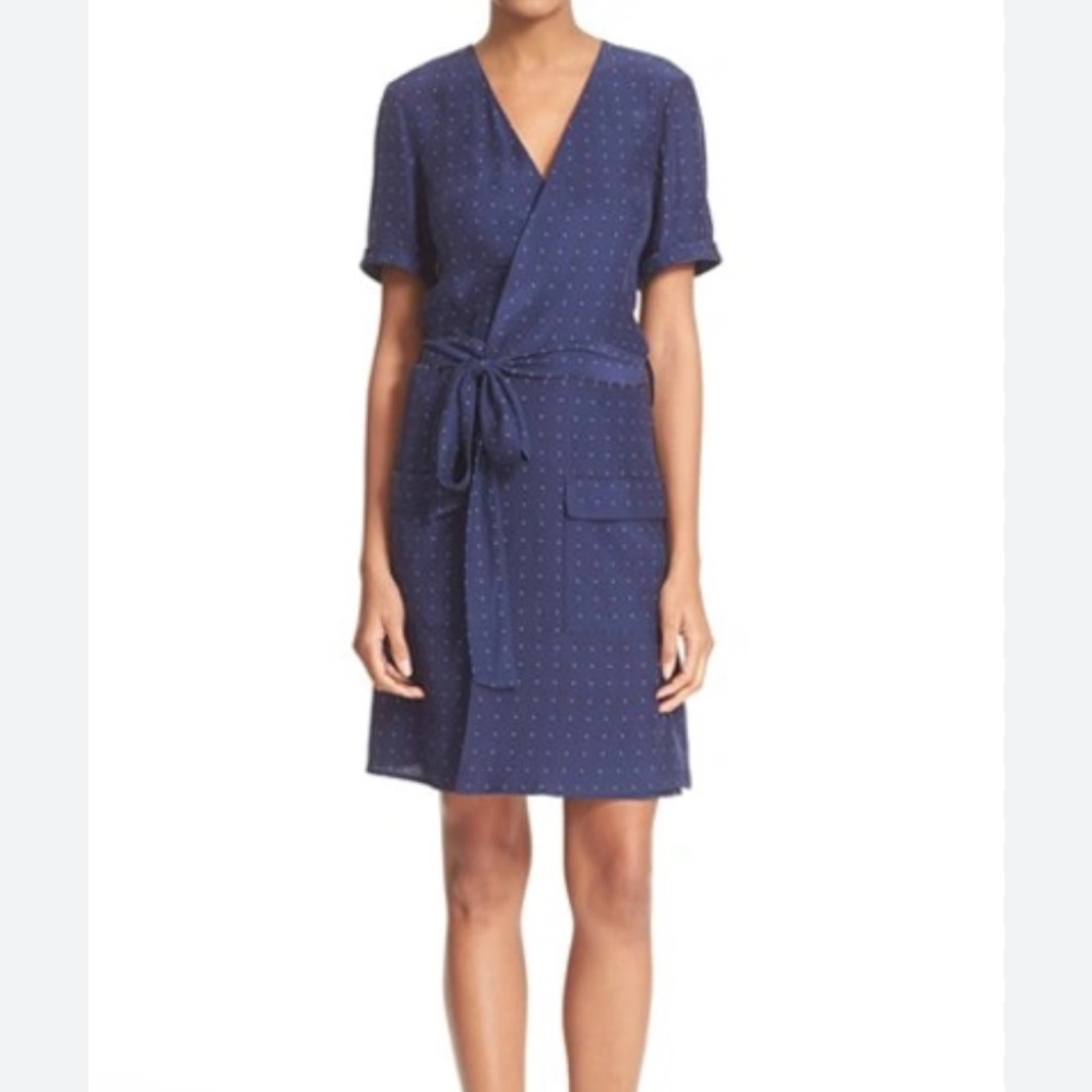 ASO Rory Gilmore Gilmore Girls Blue Polka Dot Silk Short Sleeve Tie Wrap Dress - Picture 2 of 11